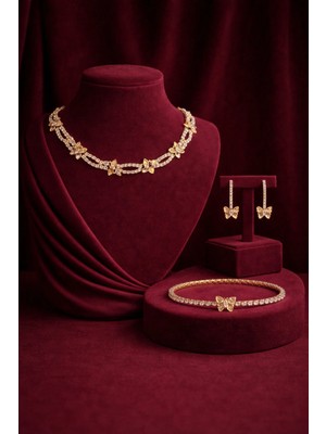 Constanza Exclusive Glowelle Altın Kaplama Zirkon Taşlı Premium Kolye Bileklik Küpe 3'lü Kadın Takı Seti