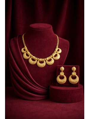 Constanza Exclusive Zarélia Altın Kaplama Circle Kolye ve Küpe 2'li Kadın Takı Seti Luxury Davet ve Düğün