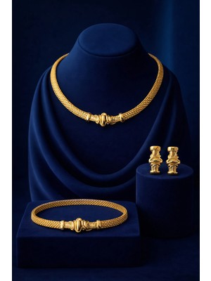 Constanza Exclusive Altın Kaplama Hasır Choker Kolye Geniş Mesh Şık Kadın Gerdanlık Bileklik Küpe 3'lü Takı Seti Düğün