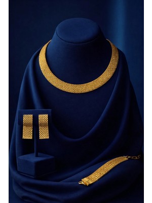 Constanza Exclusive Altın Kaplama Hasır Choker Kolye Geniş Mesh Şık Kadın Gerdanlık Bileklik Küpe 3'lü Takı Seti Düğün