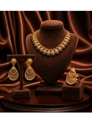 Constanza Exclusive Sorélia Altın Kaplama Kolye Yüzük Küpe 3'lü Luxury Takı Seti Davet&özel Gün