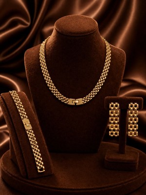 Constanza Exclusive Luxe Touch Hasır Tarz Kolye Bileklik ve Küpe 3'lü Takı Seti Özel Tasarım Düğün