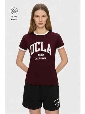 Ucla Savannah Bordo Bisiklet Yaka Baskılı %100 Pamuk Standard Fit Kadın Tshirt