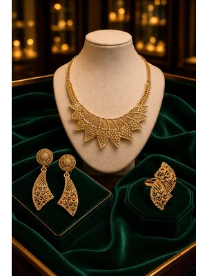 Constanza Exclusive Regalia Wings Altın Kaplama Tasarım Düğün Nişan Isteme 3'lü Takı Seti Kolye Küpe Yüzük