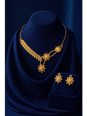 Constanza Exclusive Noctra Altın Kaplama 2'li Kolye ve Küpe Düğün Nişan Gelin Takı Seti
