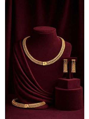 Constanza Exclusive Elarisse Altın Kaplama New Design Lux Kolye Bileklik Küpe Takı Seti Düğün&özel Günlük