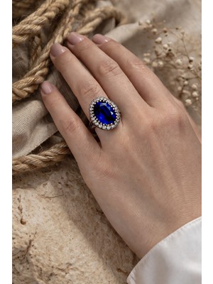 Silveranka 925 Ayar Gümüş Otantik Oval Safir Mavi Taşlı Hürrem Yüzük
