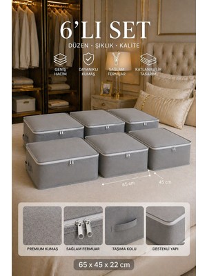 Çınar Ev Tekstil 6’lı Set Hurç 65X45X22 cm Gri – Katlanabilir Fermuarlı Yorgan Battaniye Saklama Kutusu Düzenleyici