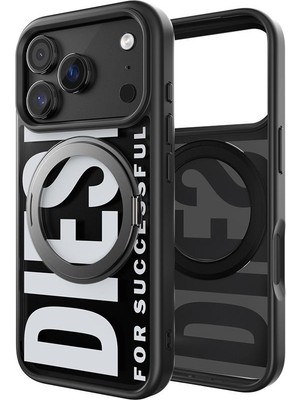 Diesel iPhone 17 Pro Uyumlu Magsafe Destekli Yüzük Standlı Kılıf - Siyah/beyaz