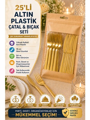 25’li Set Altın Plastik Çatal Bıçak Seti Kullan At Parti Davet Düğün Şık Sunum Seti Lüks Görünüm