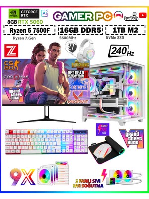 Zeiron Warrior Eagle X75 White Pro R5 7500F 16GB Ddr5 1tb M.2 SSD RTX5060 27" 240Hz Sıvı Soğutmalı Premium Oyuncu Bilgisayar