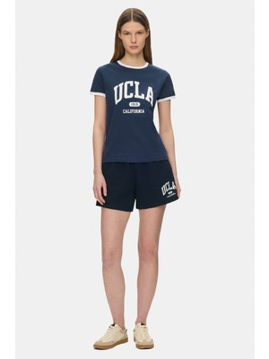Ucla Lotte Lacivert Baskılı Pamuklu Standard Fit Kadın Örme Şort