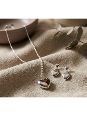 Gümüş Renk Çelik Minimal Kalp Kolye Küpe Set