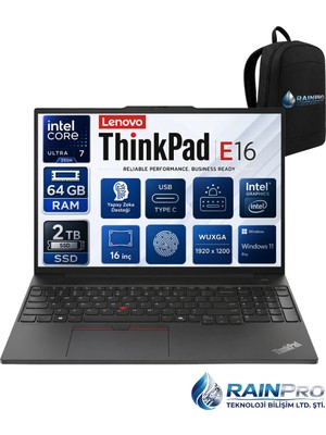 Lenovo Thinkpad E16 Gen6 Intel Core Ultra 7 255H 64 GB Ddr5 2 Tb SSD Intel® 16'' Wuxga IPS Windows 11 Pro Taşınabilir Bilgisayar 21SR006RNP23