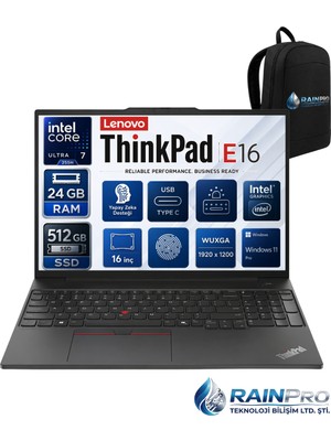 Lenovo Thinkpad E16 Gen6 Intel Core Ultra 7 255H 24 GB Ddr5 512 GB SSD Intel® 16'' Wuxga IPS Windows 11 Pro Taşınabilir Bilgisayar 21SR006RNP05