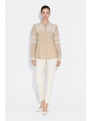 Mizalle Keten Görünümlü Beyaz Brode Detaylı Bej Tunik