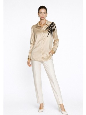 Mizalle Omuz Işlemeli Bej Rengi Oversize Saten Gömlek Tunik