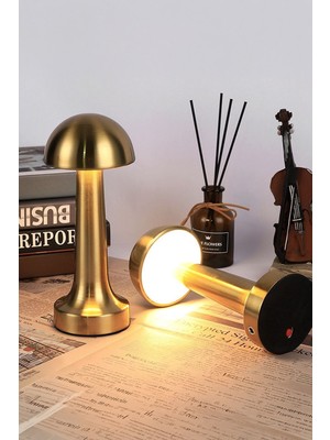 DMC Mantar Masa Lambası Rose Bakırrenk Şarjlı Kablosuz Metal Masa Lambası, Dokunmatik LED Başucu Lambası