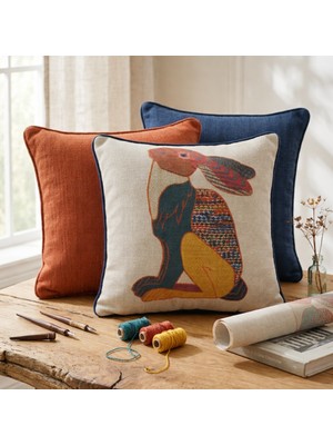 Viamarse Tavşan Figürlü Patchwork Desenli Kıl Biye Dekoratif Kırlent Kılıfı Seti (3 Adet)