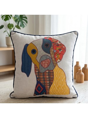 Viamarse Köpek Figürlü Patchwork Desenli Dekoratif Kırlent Kılıfı Kıl Biye Detaylı (1 Adet)
