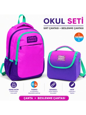 Coral High Mor Pembe Üç Bölmeli Okul Sırt Çantası 14401+PEMBE Mor Renk Geçişli Thermo Beslenme Çantası 11762