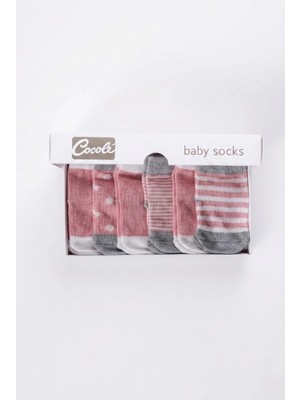 Cocole Socks Kız Bebek Çorabı 6’lı Set Pamuklu Mercan Karışık Desenli Yenidoğan 0-1 Yaş Hediyelik Kutulu