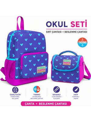 Coral High Klap Desenli Iki Bölmeli Okul Çantası 23606+PEMBE Kalp Desenli Thermo Beslenme Çantası 11706
