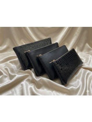 Veloria Siyah Kadın 4 Adet  Portföy El&makyaj  Çantası - Şık Gece Çantası - Clutch