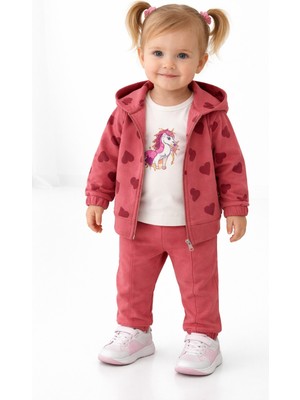 Chicsy Baby Tatlı Kız Bebek Kalpli Unicorn Baskılı Tarz Kapüşonlu 3’lü Takım