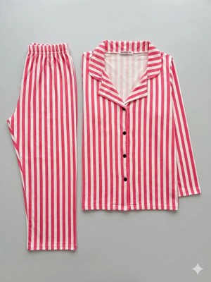 Cotton More Çizgili Milan Kumaş Gömlek Yaka Düğmeli Pijama Takımı Yumuşacık Kumaş