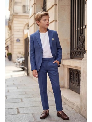 Butik Happy Kids Erkek Çocuk Indigo Keten Krep Takım Elbise  Blazer Ceket Pantolon Pamuklu Tişörtlü Şık Kombin 8-14 Yaş