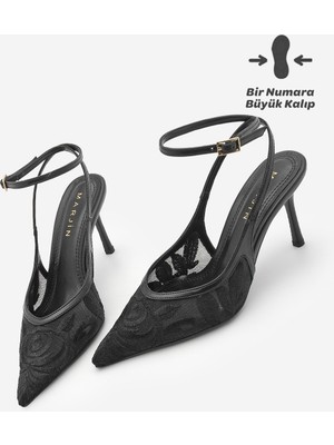 Marjin Kadın Stiletto Bilekten Bağlamalı Dantel Nakışlı Fileli Klasik Topuklu Ayakkabı Limez Siyah