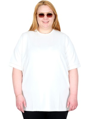 ModeXL Mode Xl Gerçek Büyük Beden Kadın T-Shırt Bıs Yaka Gofre Cep U26221 Ekru