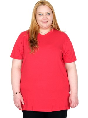 ModeXL Mode Xl Gerçek Büyük Beden Kadın T-Shırt Likralı V Yaka 20150 Kırmızı