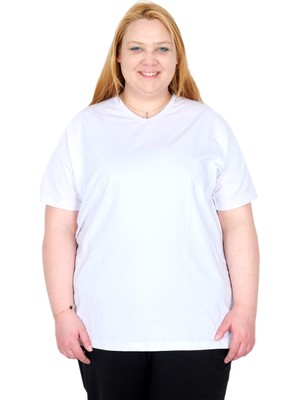 ModeXL Mode Xl Gerçek Büyük Beden Kadın T-Shırt Likralı V Yaka 20150 Beyaz