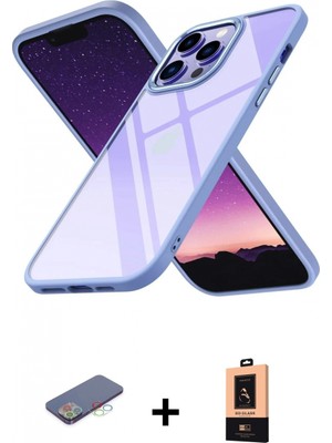Marsilyan™- iPhone 13 Pro Max Kılıf Nova Işık Serisi - Şeffaf Maxco Cam Ekran Koruyucu + Mavi Renkli Kamera Lens Koruma Cam