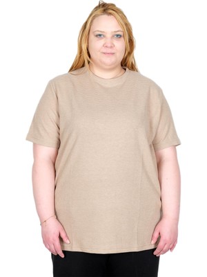 ModeXL Mode Xl Gerçek Büyük Beden Kadın T-Shırt Waffle Dokulu 20033 Bej