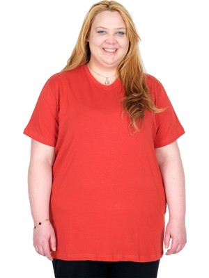 ModeXL Mode Xl Gerçek Büyük Beden Kadın T-Shırt Likralı V Yaka 20150 Mercan
