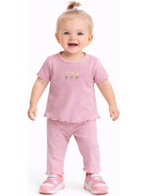 Chicsy Baby Kız Bebek Esnek Fırfırlı Tarz Çiçek Nakışlı Fitilli 2’li Takım