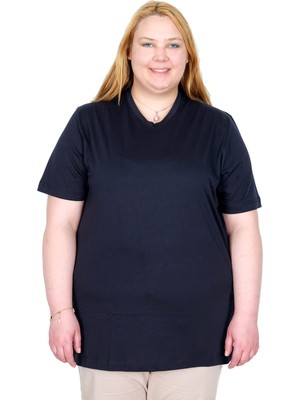 ModeXL Mode Xl Gerçek Büyük Beden Kadın T-Shırt V Yaka %100 Pamuk Penye U20032 Lacivert