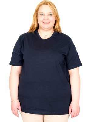 ModeXL Mode Xl Gerçek Büyük Beden Kadın T-Shırt Likralı V Yaka 20150 Lacivert