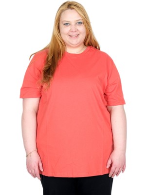ModeXL Mode Xl Gerçek Büyük Beden Kadın T-Shırt %100 Pamuk Penye 20031 Mercan