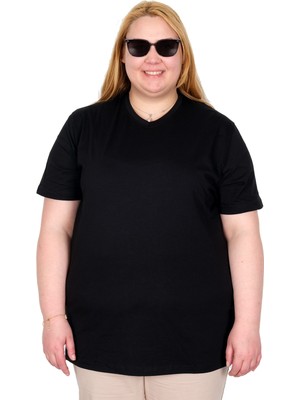 ModeXL Mode Xl Gerçek Büyük Beden Kadın T-Shırt Likralı V Yaka 20150 Sıyah