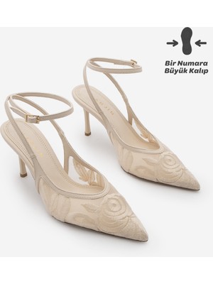 Marjin Kadın Stiletto Bilekten Bağlamalı Dantel Nakışlı Fileli Klasik Topuklu Ayakkabı Limez Ekru