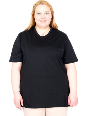 ModeXL Mode Xl Gerçek Büyük Beden Kadın T-Shırt V Yaka %100 Pamuk Penye U20032 Sıyah