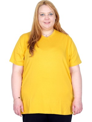 ModeXL Mode Xl Gerçek Büyük Beden Kadın T-Shırt Likralı V Yaka 20150 Hardal