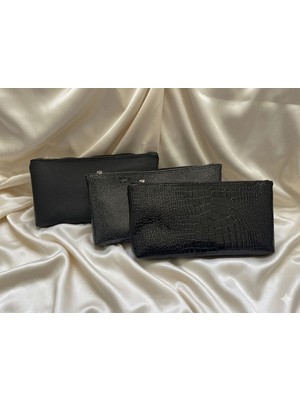 Veloria Siyah 3 Adet Kadın Portföy El & Makyaj Çantası - Şık Gece Çantası - Clutch