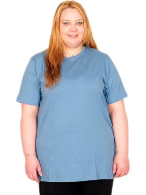 ModeXL Mode Xl Gerçek Büyük Beden Kadın T-Shırt %100 Pamuk Penye 20031 Mavi