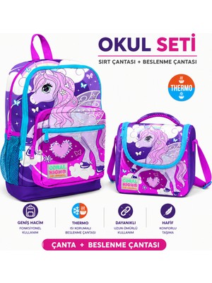 Coral High Mor Pembe Ünicornlu Ilkokul Çantası 23708+ Mor Pembe Thermo Beslenme Çantası 11708