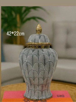 Betonique Stone Dekoratif Kapaklı Seramik Vazo (42×22 Cm)